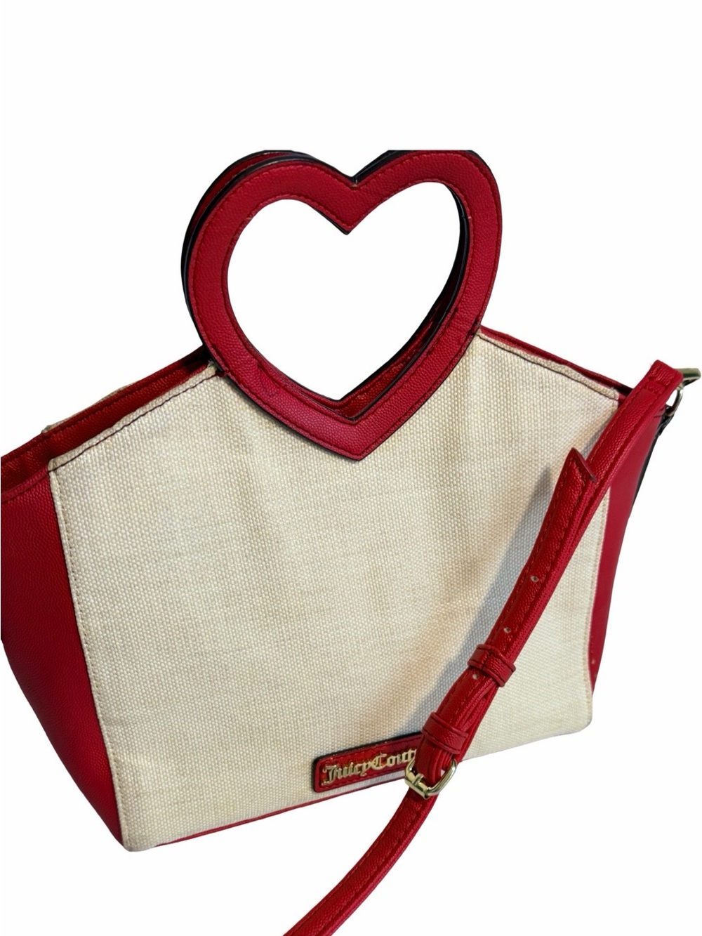 Juicy Couture Cream Canvas Shoulder Bag with Red Heart Handle